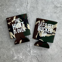 Load image into Gallery viewer, The Hunt is Over Let's Get Bucked Up Bachelor Party Groomsmen Beer Can Coolers