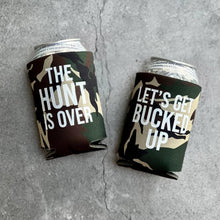 Load image into Gallery viewer, The Hunt is Over Let's Get Bucked Up Bachelor Party Groomsmen Beer Can Coolers
