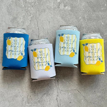 Load image into Gallery viewer, We Can't Wait to Squeeze You Lemon Amalfi Baby Shower Can Coolers Italy Italian Greece Santorini