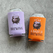 Load image into Gallery viewer, A Baby Is Brewing Witch Theme October Fall Halloween Baby Shower Party Favor Can Coolers