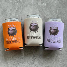 Load image into Gallery viewer, A Baby Is Brewing Witch Theme October Fall Halloween Baby Shower Party Favor Can Coolers