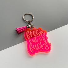 Load image into Gallery viewer, Fresh Out of Fucks Laser Engraved Transparent Acrylic Keychain