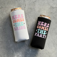 Load image into Gallery viewer, Here Comes the Bride Here Comes the Party Retro Bachelorette Party Slim Seltzer Can Coolers