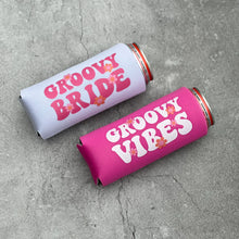 Load image into Gallery viewer, Groovy Bride and Groovy Vibes Retro Bachelorette Slim Seltzer Can Coolers