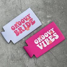 Load image into Gallery viewer, Groovy Bride and Groovy Vibes Retro Bachelorette Slim Seltzer Can Coolers