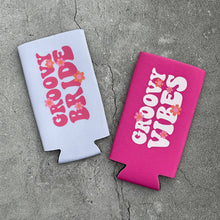 Load image into Gallery viewer, Groovy Bride and Groovy Vibes Retro Bachelorette Slim Seltzer Can Coolers