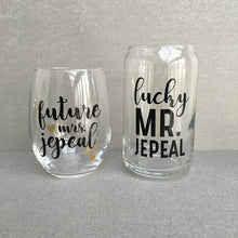 Load image into Gallery viewer, Custom Future Mrs. & Lucky Mr. Engagement Wine & Beer Glass Set