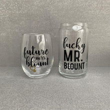 Load image into Gallery viewer, Custom Future Mrs. & Lucky Mr. Engagement Wine & Beer Glass Set