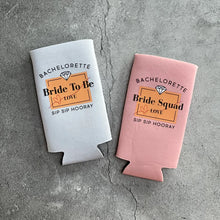 Load image into Gallery viewer, Sip Sip Hooray Bride to Be and Bride Squad Bachelorette Party Slim Seltzer Can Coolers