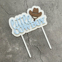 Load image into Gallery viewer, Little Cowboy Acrylic Cake Topper in Light Blue - A Little Cowboy is On The Way Baby Shower
