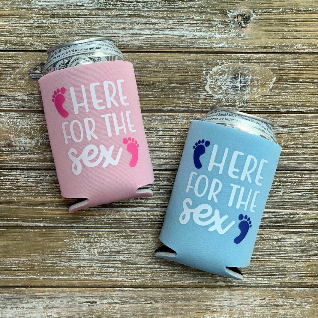Here for the Sex Gender Reveal Party Favor Can Coolers in Pink & Blue