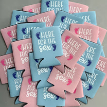 Load image into Gallery viewer, Here for the Sex Gender Reveal Party Favor Can Coolers in Pink &amp; Blue
