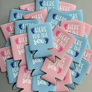 Here for the Sex Gender Reveal Party Favor Can Coolers in Pink & Blue