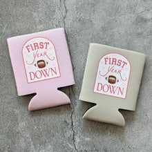 Load image into Gallery viewer, First Year Down Football Girls 1st Birthday Can Coolers
