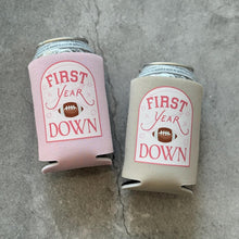 Load image into Gallery viewer, First Year Down Football Girls 1st Birthday Can Coolers
