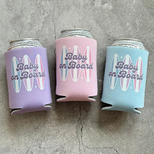 Baby on Board Retro Surfboard Baby Girl Baby Shower Can Coolers