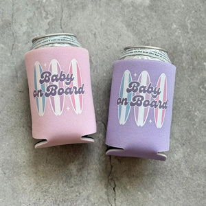 Baby on Board Retro Surfboard Baby Girl Baby Shower Can Coolers