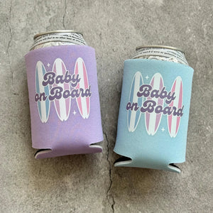 Baby on Board Retro Surfboard Baby Girl Baby Shower Can Coolers