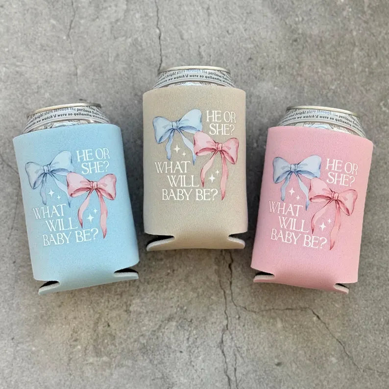 He or She? What Will Baby Be? Bow Themed Gender Reveal Can Coolers