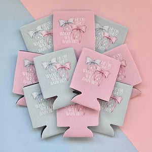 He or She? What Will Baby Be? Bow Themed Gender Reveal Can Coolers