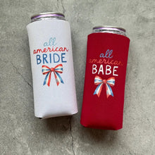 Load image into Gallery viewer, All American Bride All American Babe Bow Bachelorette Party Slim Can Coolers 4th of July
