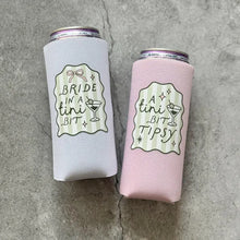 Load image into Gallery viewer, Bride in A Tini Bit and A Tini Bit Tipsy Bachelorette Slim Can Coolers
