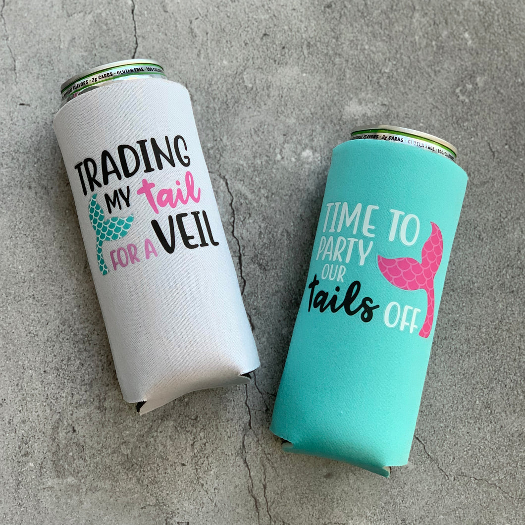 Trading My Tail for a Veil Time to Party Our Tails Off Bachelorette Party Slim Can Coolers
