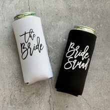 Load image into Gallery viewer, Black Script Title Bachelorette Party Slim Can Coolers
