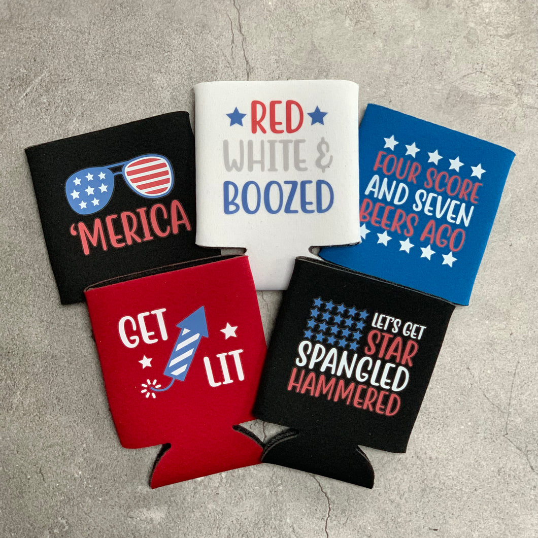 4th of July Merica Red White Boozed Star Spangled Hammered Four Score Get Lit Can Coolers