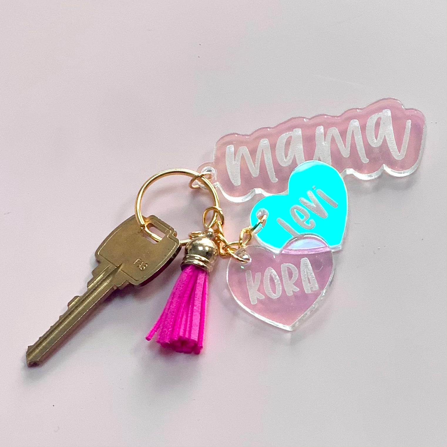 Custom Iridescent Acrylic Mom Keychain with Kids' Names and Tassel