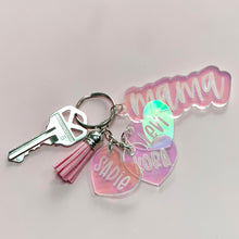 Load image into Gallery viewer, Custom Iridescent Acrylic Mom Keychain with Kids&#39; Names and Tassel
