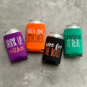 Here for the Boos Halloween Party Favor Can Cooler Set