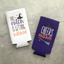 Load image into Gallery viewer, This Witch is Getting Hitched and Cheers Witches Halloween Bachelorette Slim Seltzer Can Coolers
