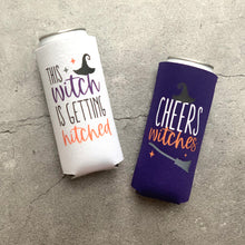 Load image into Gallery viewer, This Witch is Getting Hitched and Cheers Witches Halloween Bachelorette Slim Seltzer Can Coolers
