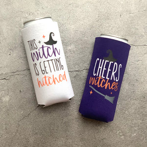 This Witch is Getting Hitched and Cheers Witches Halloween Bachelorette Slim Seltzer Can Coolers
