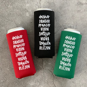 Funny Christmas Reindeer Slim Can Coolers Dasher Dancer Prancer Vixen Seltzer Vodka Tequila Blitzen