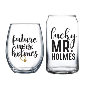 Custom Future Mrs. & Lucky Mr. Engagement Wine & Beer Glass Set