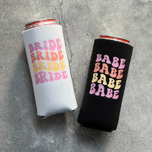 Load image into Gallery viewer, Bride and Babe Retro Bachelorette Party Slim Seltzer Can Coolers
