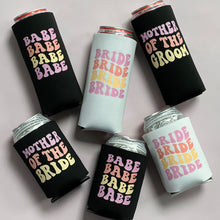 Load image into Gallery viewer, Bride and Babe Retro Bachelorette Party Slim Seltzer Can Coolers
