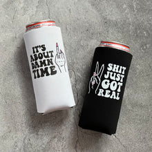 Load image into Gallery viewer, It&#39;s About Damn Time and Shit Just Got Real Bachelorette Slim Seltzer Can Coolers

