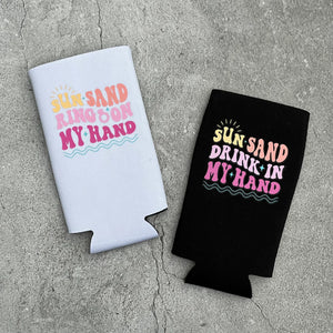 Sun Sand Ring on my Hand Drink in my Hand Retro Summer Beach Bachelorette Slim Seltzer Can Coolers