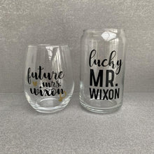 Load image into Gallery viewer, Custom Future Mrs. &amp; Lucky Mr. Engagement Wine &amp; Beer Glass Set
