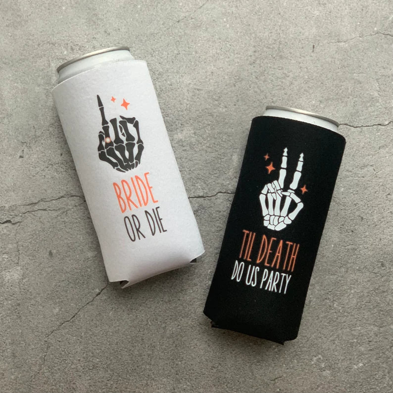 Halloween Bachelorette Bride or Die and Til Death Do Us Party Slim Seltzer Can Coolers