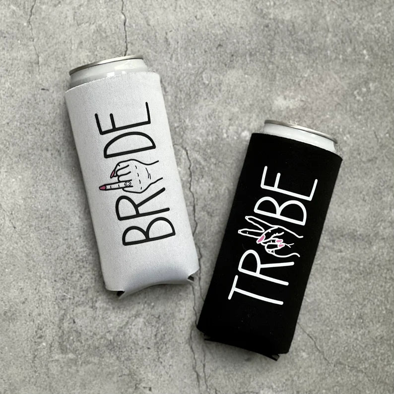 Bride Tribe Ring Finger Hand Peace Sign Slim Seltzer Can Coolers