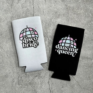 Disco Bride & Dancing Queen Disco Themed Bachelorette Party Slim Seltzer Can Coolers Groovy Stayin Alive Let’s Go Girls