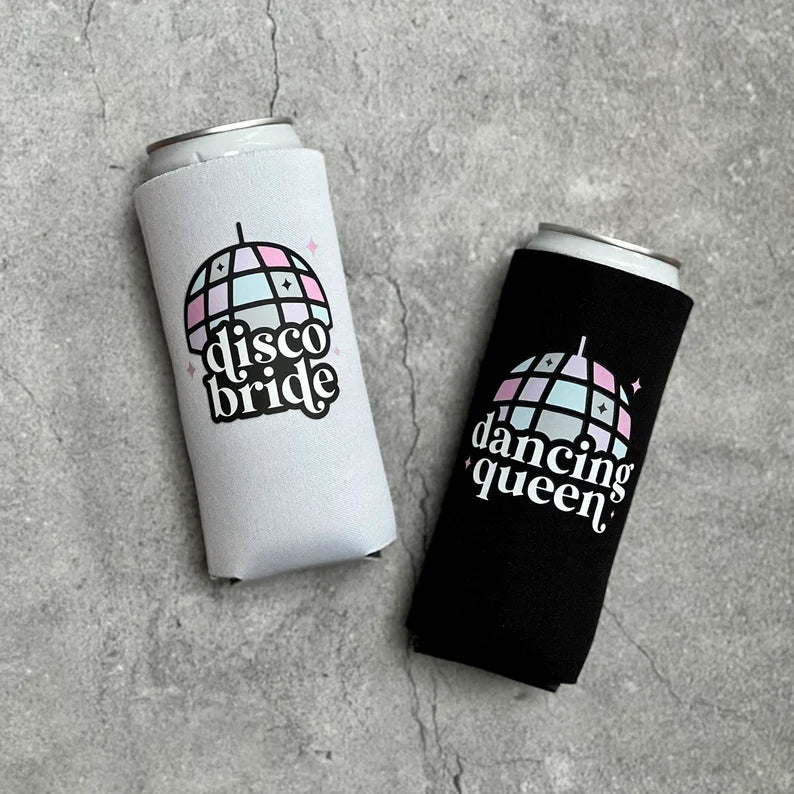 Disco Bride & Dancing Queen Disco Themed Bachelorette Party Slim Seltzer Can Coolers Groovy Stayin Alive Let’s Go Girls