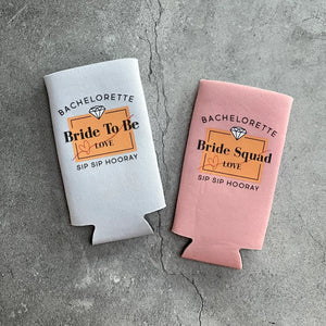 Sip Sip Hooray Bride to Be and Bride Squad Bachelorette Party Slim Seltzer Can Coolers