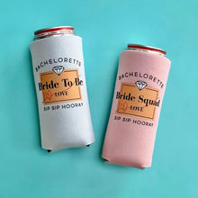 Load image into Gallery viewer, Sip Sip Hooray Bride to Be and Bride Squad Bachelorette Party Slim Seltzer Can Coolers
