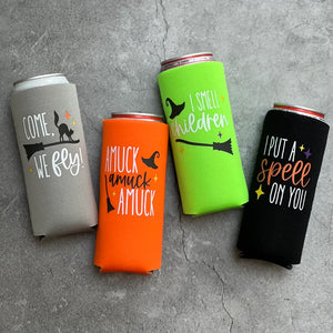 I Put a Spell On You Amuck Come We Fly I Smell Children Halloween Party Favor Slim Seltzer Can Coolers
