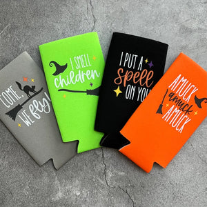I Put a Spell On You Amuck Come We Fly I Smell Children Halloween Party Favor Slim Seltzer Can Coolers